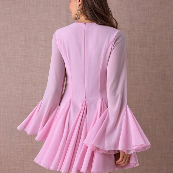 Pink Elegant Women's Romantic Flare Sleeve Mini Dress - Picture 2 of 7